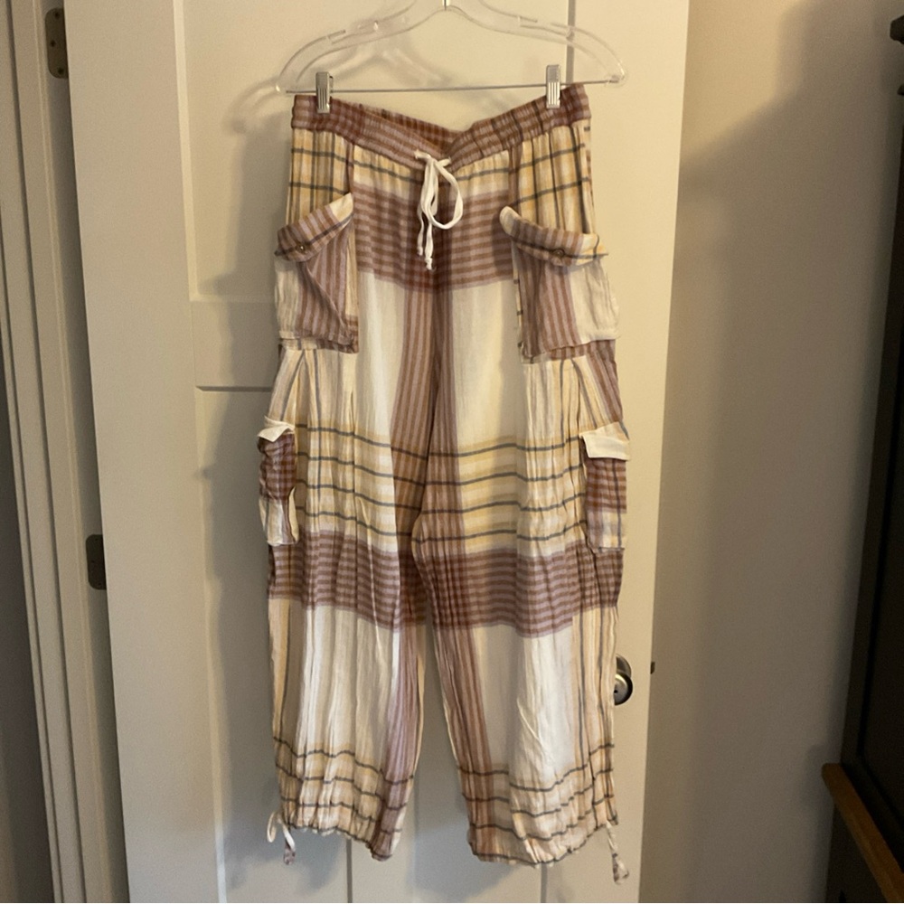 Free People Plaid Wide Leg Cargo Pants in Cream & Brown